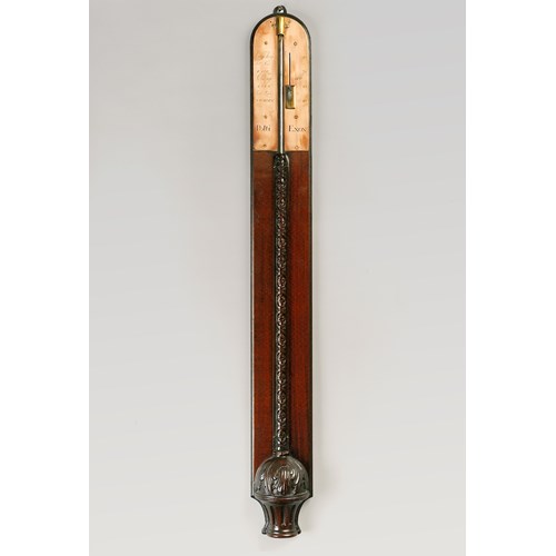 ENGLISH ANTIQUE GEORGE II MAHOGANY STICK BAROMETER BY POLTI OF EXETER